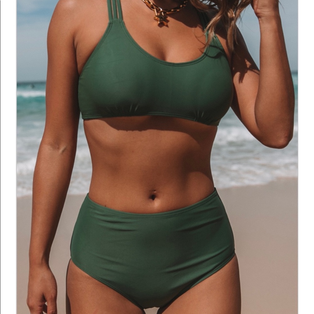 Strappy Back High Waist Army Green Bikini Set